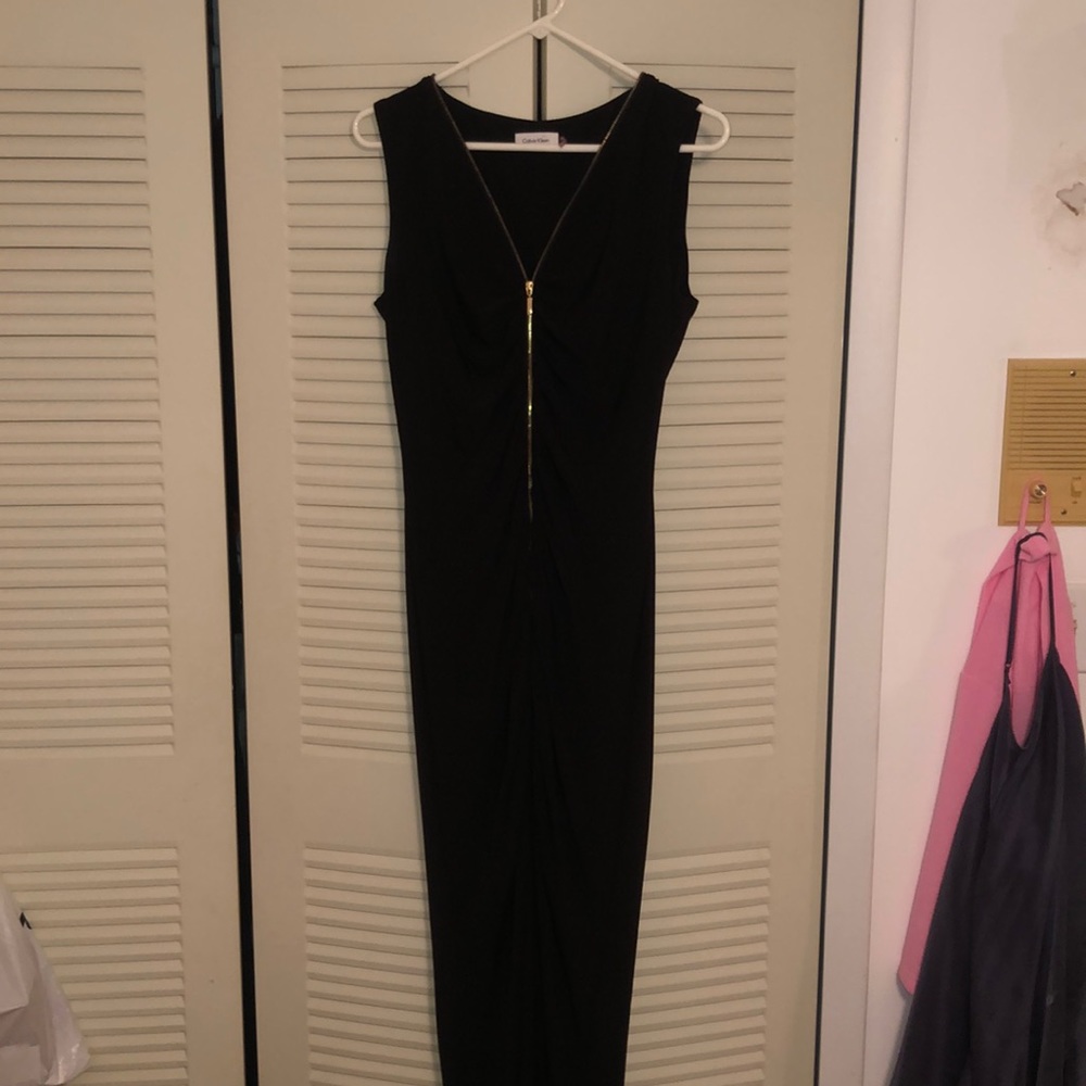 Calvin Klein black gold zipper long dress